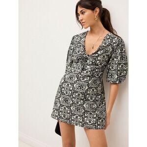 Next Generation NWT Black White Tile Print Tie Front Puff Sleeve Mini Dress US 8